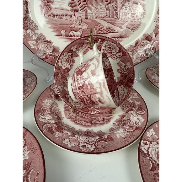 Wood & Sons English Scenery Pink Platter Sugar Bowl Tea Cups Lot Of 13 - Picture 5 of 12